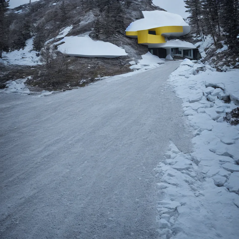 Image similar to a road leading to a mid-century modern house on top of a cliff in the arctic, covered with snow, designed by Frank Gehry, with a long pathway toward it. Big tiles. Film grain, cinematic, yellow hue