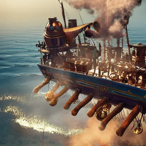 Image similar to a flying steampunk, steamboat from the 1 9 0 0 s with african mask on the front carrying black people across the mississippi river, bioshock infinite, detailed, behrens style, unreal 5 render, fantasy digital art, octane render, beautiful composition, trending on artstation