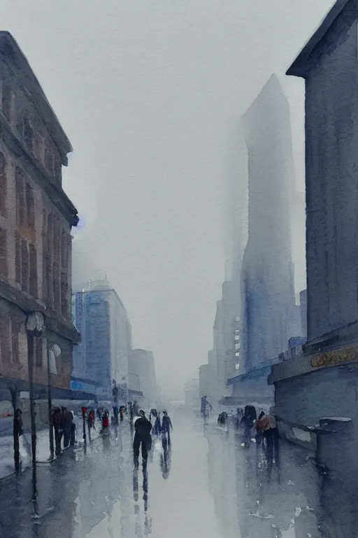 Prompt: A watercolor about the Bund in modern Shanghai, wet street, cloudy, gloomy, poignant, high contrast, smooth, by Joseph Zbikowicz, 8k