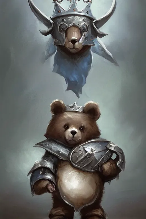 Image similar to cute little anthropomorphic bear knight wearing a cape and a crown, tiny, small, miniature bear, baby animal, short, pale blue armor, cute and adorable, pretty, beautiful, DnD character art portrait, matte fantasy painting, DeviantArt Artstation, by Jason Felix by Steve Argyle by Tyler Jacobson by Peter Mohrbacher, cinematic lighting