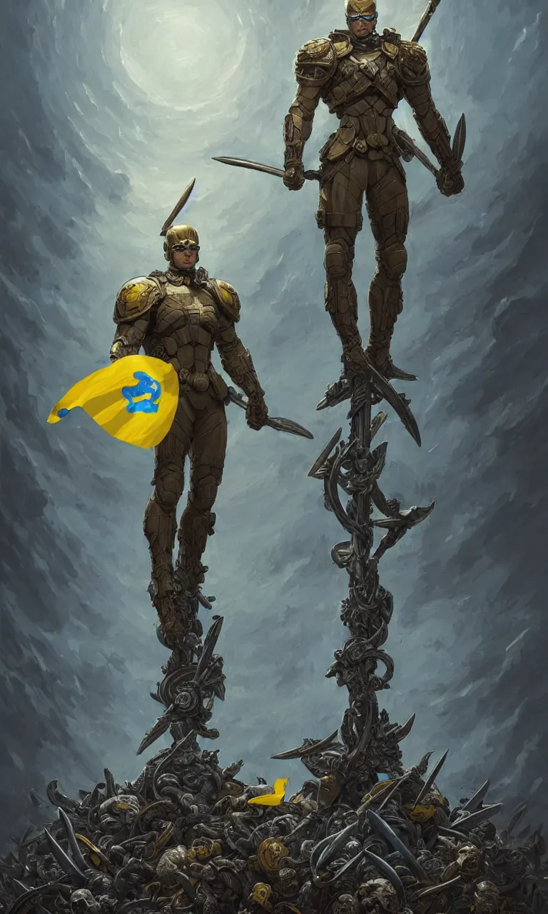 Image similar to a distant shot of a super soldier with blue and yellow flag and a trident symbol standing alone on a huge pile of skulls as a winner, masculine figure, D&D, fantasy, intricate, elegant, highly detailed, extremely detailed, digital painting, artstation, concept art, matte, smooth, sharp focus, illustration, art by Artgerm and Greg Rutkowski and Alphonse Mucha