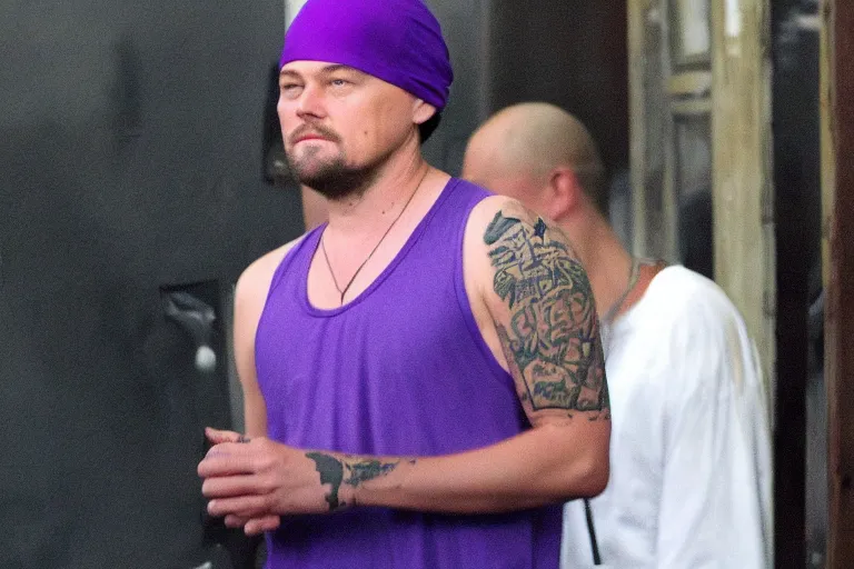 Prompt: medium full shot of leonardo dicaprio as a gang member wearing a purple head covering made from a polyester or nylon material and a stained white tank top caught doing crack inside a detroit gang trap house, arms covered in gang tattoo, paparazzi, leaked footage, uncomfortable, bad quality