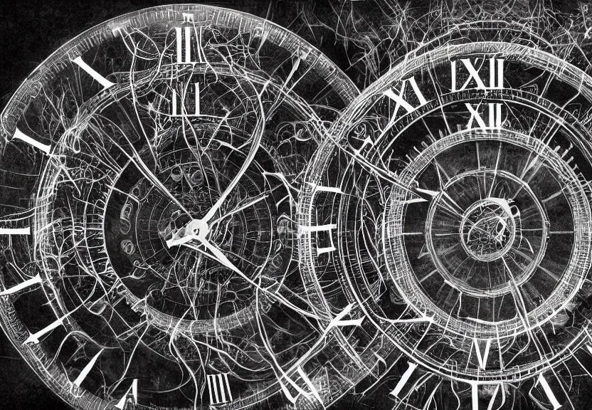 Prompt: a ultra realistic hyper realistic underexposed film photograph of an intricate multidimensional clock