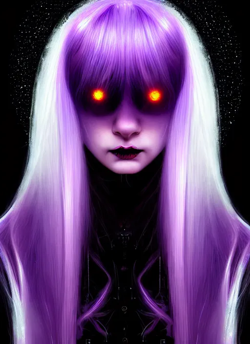 Image similar to hair whitebangs hair, black cyberlox, portrait of teenage girl with white bangs, whitebangsblackhair, messy bangs, cyberlox, whitebangs, red irises, purple clothes, intricate, elegant, glowing lights, highly detailed, digital painting, artstation, concept art, sharp focus, illustration, art by wlop, mars ravelo and greg rutkowski