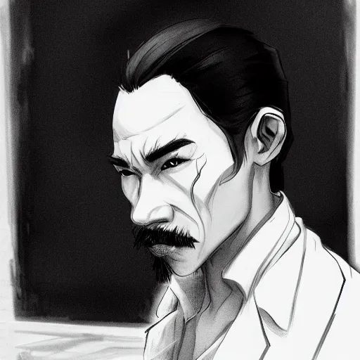 Image similar to black and white pencil portrait of a ho chi minh, vampire wizard, dark asian city street background, trending artstation, relaxed expression, dark lighting, high detail