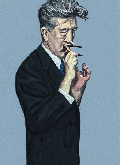 Image similar to portrait of David Lynch smoking a cigarette in Twin Peaks (1990), highly detailed, centered, solid color background, digital painting, artstation, concept art, smooth, sharp focus, vintage grainy 1970s illustration, Basil Gogos, donato giancola, Joseph Christian Leyendecker, Les Edwards, Ed Repka, Wayne Barlowe,