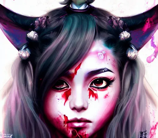 Image similar to a Demon Slayer FAN art portrait of grown up Mitsuri Kanroji ,by Stanely Artgerm,Tom Bagshaw,arthur adams,Carne Griffiths,trending on DeviantArt,street art,face enhance,chillwave,maximalist,full of color,glittering