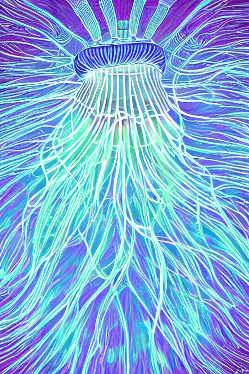 Image similar to luminescent jellyfish, symmetrical, highly detailed, digital art, sharp focus, skeleton, trending on art station, lavalamp