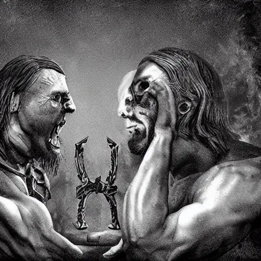 Image similar to god and the devil arm wrestling to see who wins the souls, ultra realistic photo,