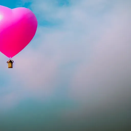 Image similar to a 5 0 mm lens photograph of a cute pink floating modern house, floating in the air between clouds, inspired by the movie up, held up from above by a heart - shaped ballon. mist, playful composition canon, nikon, award winning, photo of the year