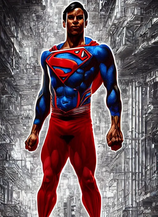 Prompt: portrait of crossfit fitness sprinter superman!, futuristic detailed ornate cyberpunk costume!, red and black costume!!!, pale skin!, no logo!!!, painted art by tsuyoshi nagano, greg rutkowski, artgerm, alphonse mucha, spike painting