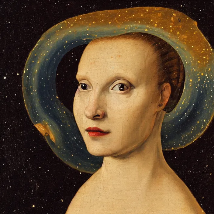 Prompt: a closeup portrait of an eel - headed woman, head of an eel, in a nebula, early netherlandish painting