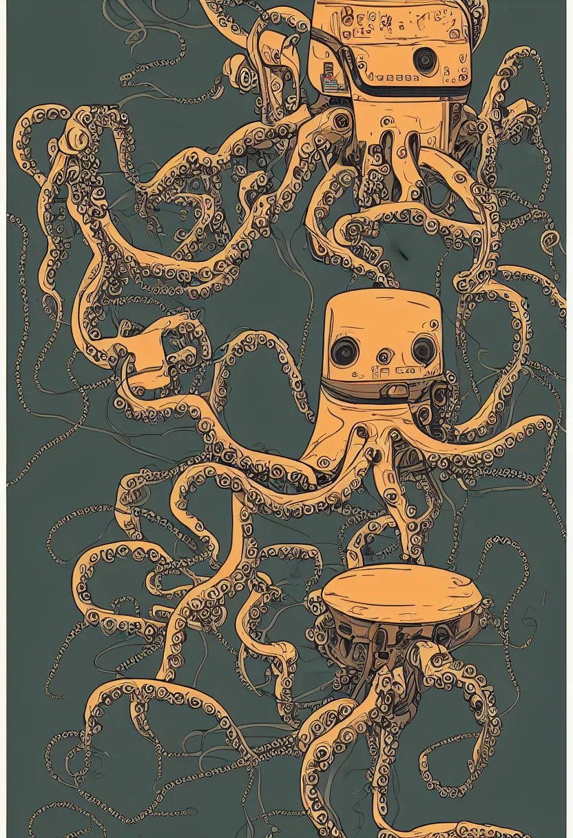 Image similar to concert poster for 'Grandpa Finger', dying robot octopus, vector art, 8k, highly detailed illustration