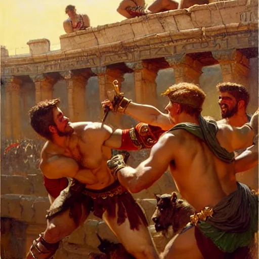 Prompt: gladiators in the coliseum. highly detailed painting by gaston bussiere, craig mullins, j. c. leyendecker 8 k