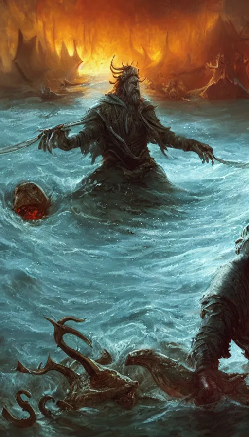 Image similar to man on boat crossing a body of water in hell with creatures in the water, sea of souls, from magic the gathering