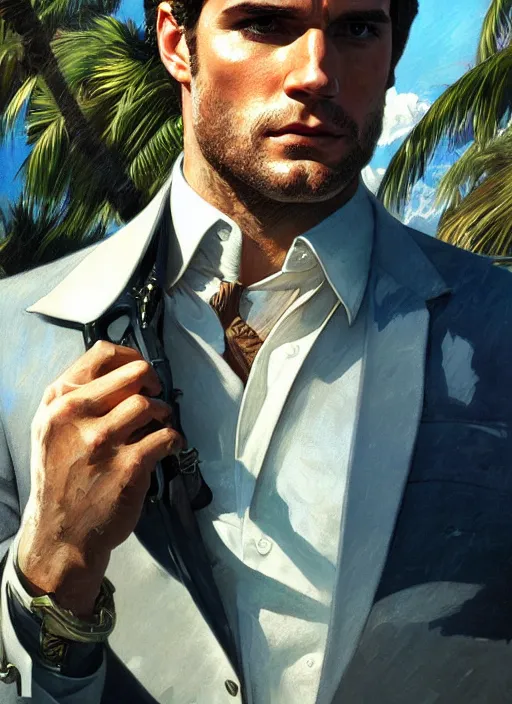 Image similar to portrait of henry cavill as james bond, key art, palm trees, vintage aston martin, highly detailed, digital painting, artstation, concept art, cinematic lighting, sharp focus, illustration, by gaston bussiere alphonse mucha