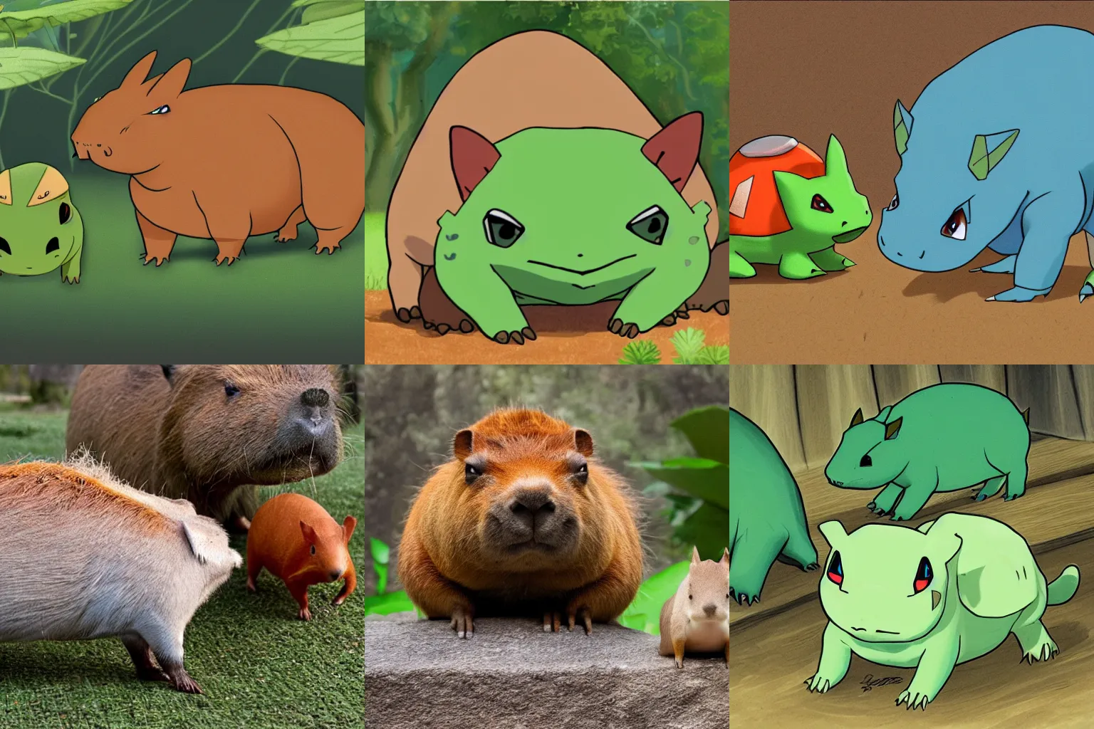 Prompt: bulbasaur being friends with a capybara