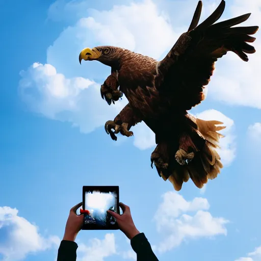 Prompt: cinematic photo of a giant eagle carrying away a person in a mascot costume, camera is looking up at the subject in the sky with fancy clouds behind