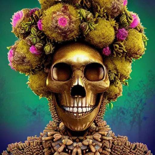 Prompt: a golden skull face african marijuanna shaman with an afro made of flowers, third eye art art by machina infinitum, complexity from simplicity, rendered in octane, mandelbulb 3 d, ambient occlusion, macro photography, felt!!! texture, tribal, retrowave