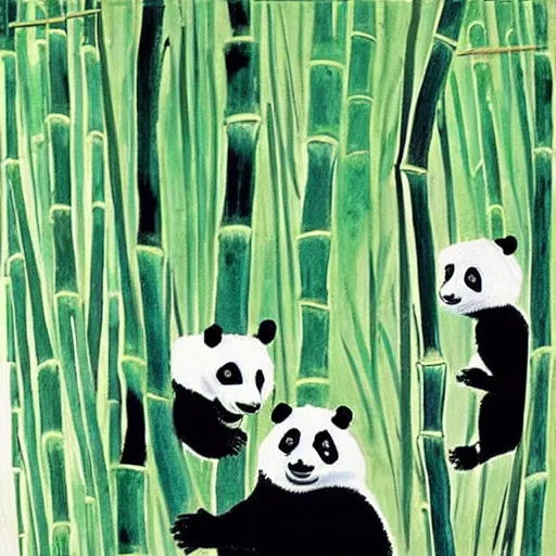 Image similar to “ panda bears playing in a bamboo forest painted by basquiat, highly detailed, theatrical lighting, vivid colors, cinematic ”