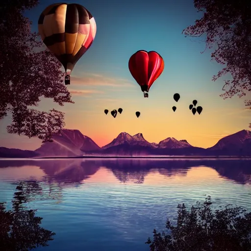 Image similar to photo of two black swans touching heads in a beautiful reflective mountain lake, a colorful hot air balloon is flying above the swans, hot air balloon, intricate, 8k highly professionally detailed, HDR, CGsociety