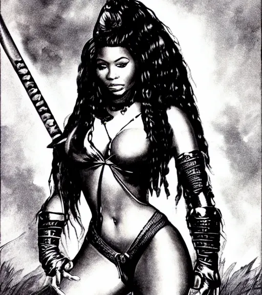Image similar to 1 9 8 0 s fantasy novel book cover, nicki minaj in extremely tight bikini armor wielding a cartoonishly large sword, exaggerated body features, dark and smoky background, low quality print