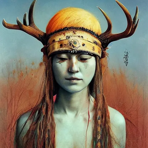 Image similar to A young female shaman blindfolded with a decorated headband, blue hair and antlers on her head, made by Esao Andrews and Karol Bak and Zdzislaw Beksinski