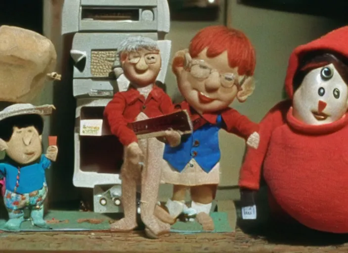 Image similar to a scene from a 1 9 7 0 s british kids tv programme by the bbc and oliver postgate, stop motion animation, postman pat, vhs distortion