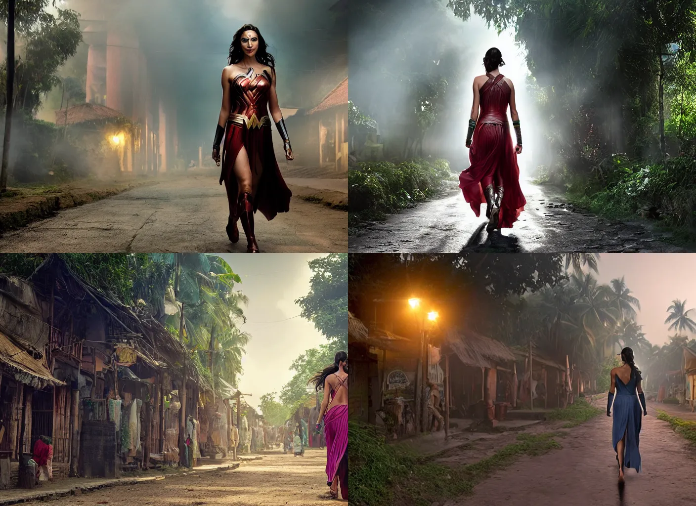 Prompt: gal gadot walking in the steets of a kerala village, cinematic, volumetric lighting, hdr