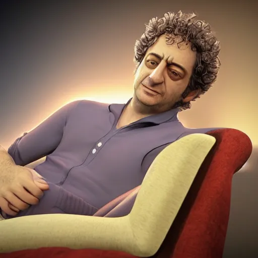 Prompt: gustavo cerati sitting on a sofa looking at the red moon, universe, stars, digital art, render unreal engine, highly detailed face, asymmetrical