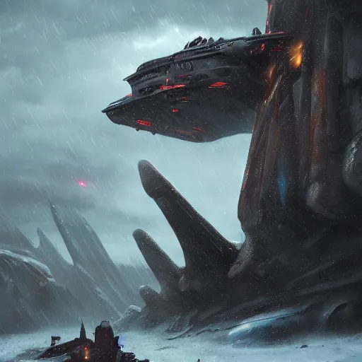 Prompt: an giant creature with long tongue attacking an starship in blizzardy mountains, Matte painting , detailed painting, greg rutkowski
