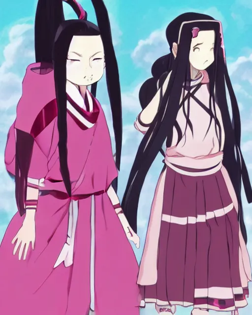 Image similar to Nezuko from 'demon slayer' wearing Balenciaga, art of ‘B.c.N.y.’ and 'Toni Infante' and 'Fan Yang', demon anime girl