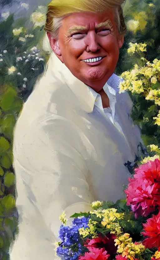 Prompt: romantic portrait of donald trump in an elegant dress surrounded by beautiful flowers, by gregory manchess, james gurney, james jean, realistic, photo, 8 k