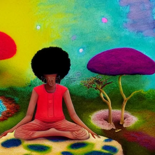 Image similar to a black girl with a colorful afro and big colorful eyes meditating in an african zen garden at sunset, bright colours, bokeh!!, watercolor, volumetric wool felting, macro photography, children illustration, by goro fujita