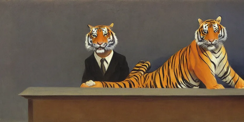 Image similar to a tiger in a suit, oil painting, by edward hopper