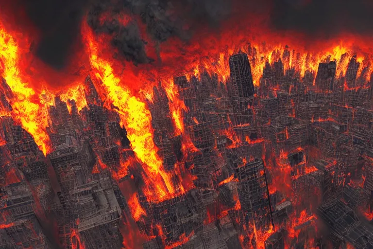 Image similar to destructive fire tornado in the city, photorealistic, highly detailed, sharp focus, vivid, colorful, symmetrical, random, convoluted, mind - blowing, creative, fully functional, end of the world, physics defying