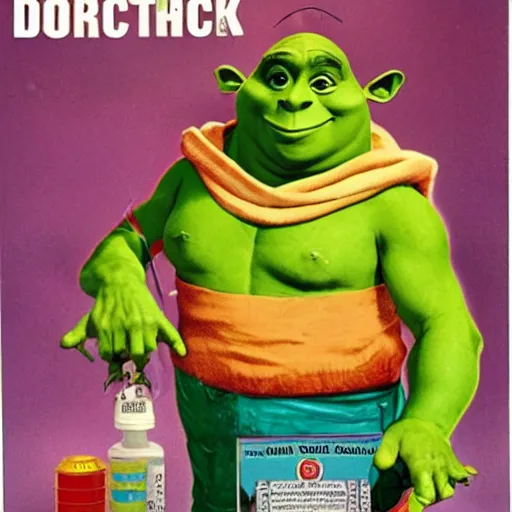 Image similar to Doctor Shrek gives you Medicine for your flu in the 80s