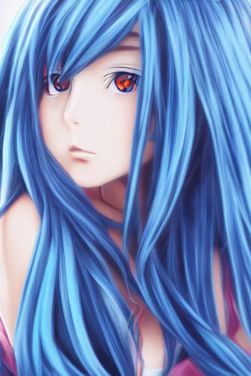 Prompt: close up portrait of an anime girl, blue long hair, by mai yoneyama, anime stile, cell shading, blurred background