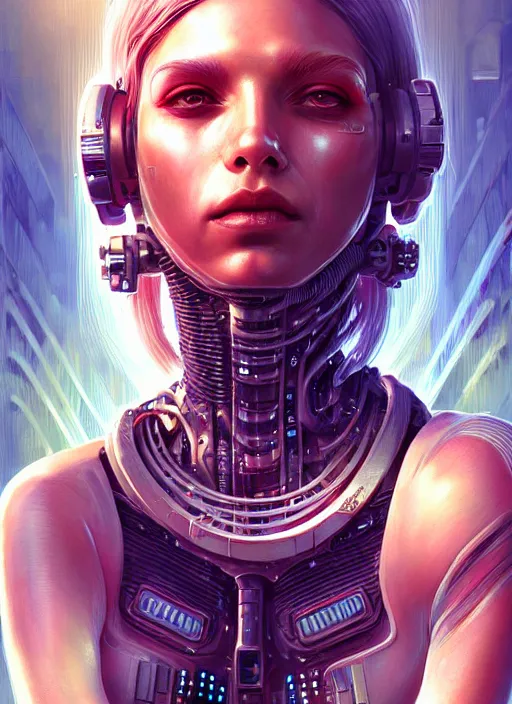 Image similar to soft lustrous biotech raver gutter punk cyborg biotech, futurist, battlestar galactica, golden ratio, details, scifi, fantasy, cyberpunk, intricate, decadent, highly detailed, digital painting, octane render, artstation, concept art, smooth, sharp focus, illustration, art by artgerm, loish, wlop