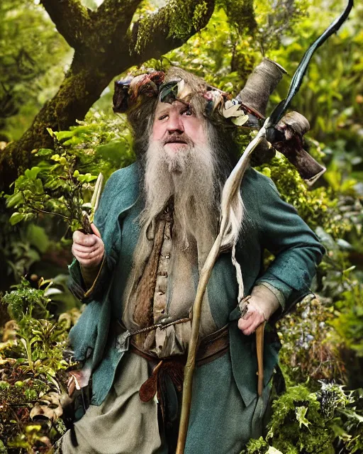 Image similar to annie leibovitz style photoshoot of peter jackson dressed as tom bombadil, lotr, tolkien, weta workshop style, hyperreal