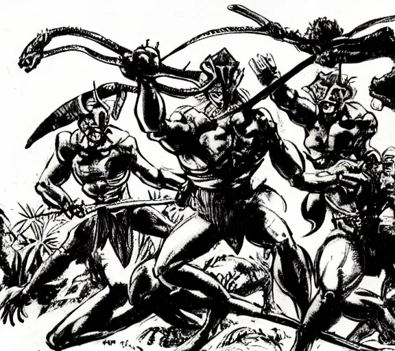 Prompt: four medeival adventurers flee, a group of mantis men, pen and ink, by frank Frazetta