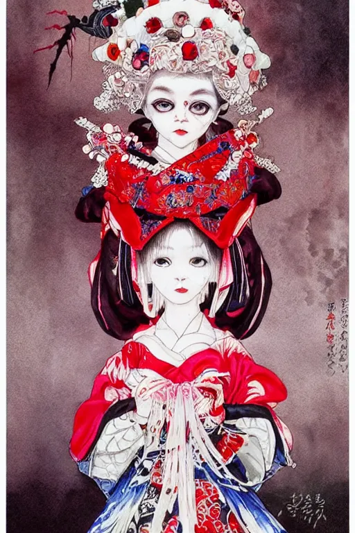 Image similar to watercolor painting of an avant - garde japanese bjd geisha vampire queen in a victorian lolita fashion red dress in the style of lovecraftian horror painted by yoshitaka amano, takato yamamoto, ayami kojima, dmt art, symmetrical vogue face portrait, intricate detail, artstation, cgsociety, artgerm, rococo
