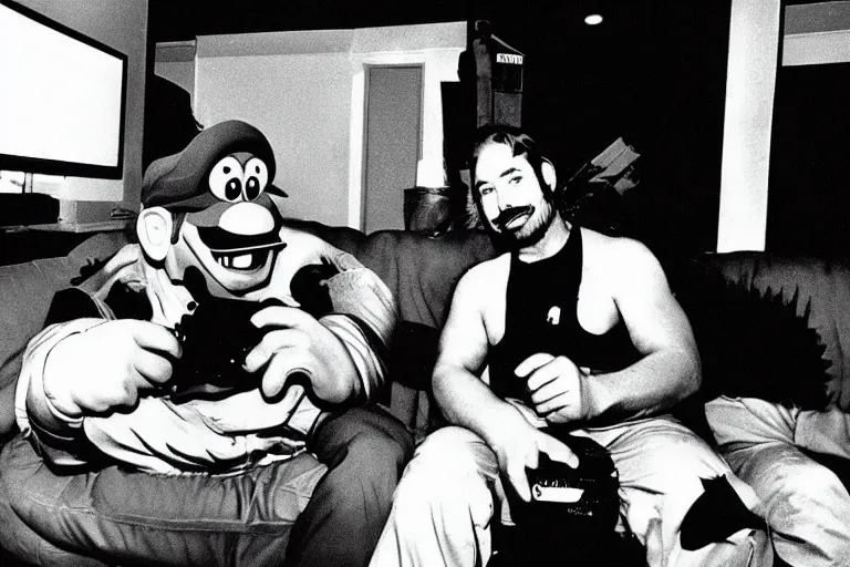 Image similar to a photo made with a disposable camera of Donkey Kong sitting next to Super Mario on the couch while playing a video game