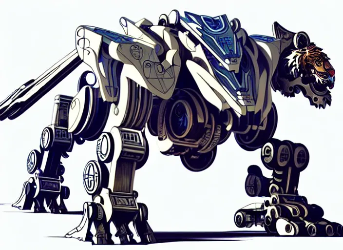 Image similar to very technical and detailed blueprint of a robot tiger, lion mecha, center frame, side view intricate details, ultra - detailed, baroque style, illustration, desaturated, concept art, in the style of zoids, voltron, horizon zero dawn