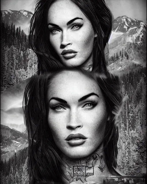 Image similar to megan fox face blended with beautiful mountain scenery in the style of dan mountford, tattoo sketch, double exposure, hyper realistic, amazing detail, black and white