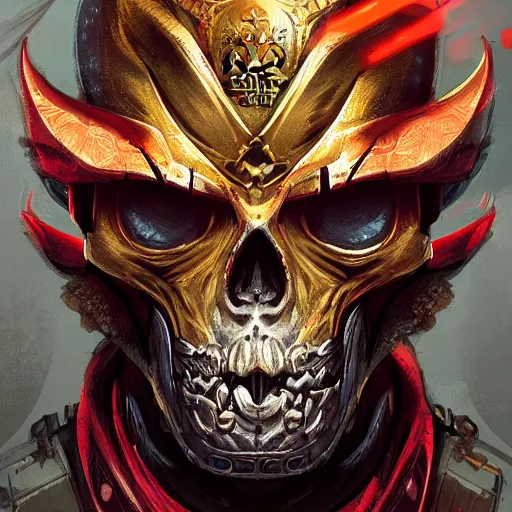 Image similar to a golden skull face monkey warrior with a ruby in his forehead, Apex Legends character digital illustration portrait design, by android jones, detailed, cinematic lighting, wide angle action dynamic portrait