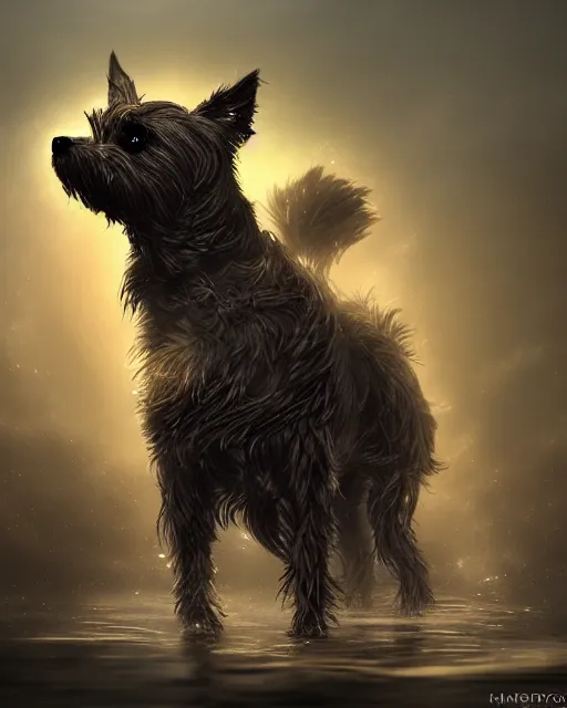 Image similar to mystic border terrier in the river , fantasy, cinematic,volumetric lighting, symmetrical,sharp focus,digital painting, mystical art, smooth ,trending on Artstation