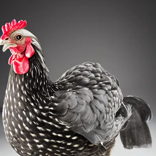 Prompt: cute!!! barred Plymouth Rock chicken, studio!! Portrait lighting, spotted with small white hearts!!