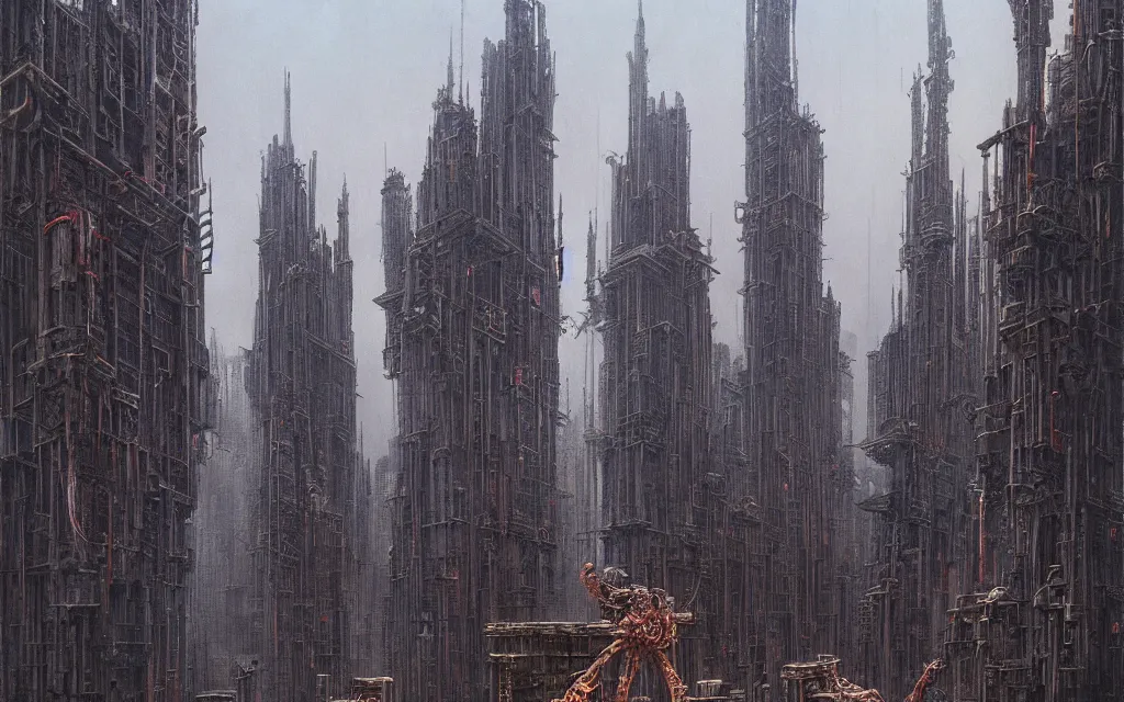 Image similar to gigantic mechanic megastructure tower, gothic, warhammer, cyberpunk, highly detailed, artstation, art by zdislav beksinski and wayne barlowe