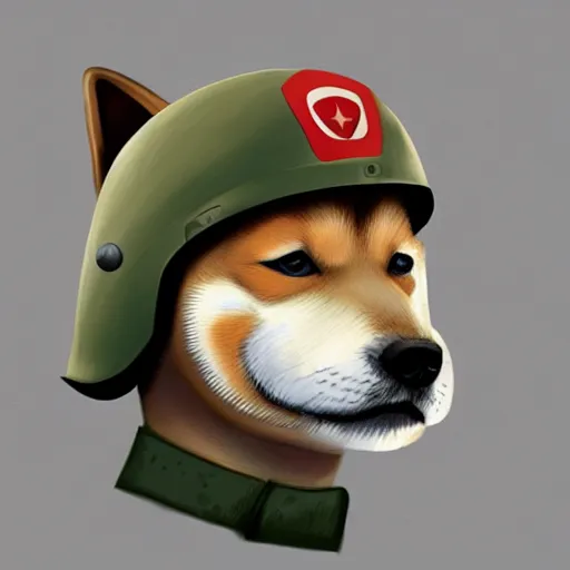 Prompt: A drawing of a Shiba Inu dog wearing a soldier's helmet